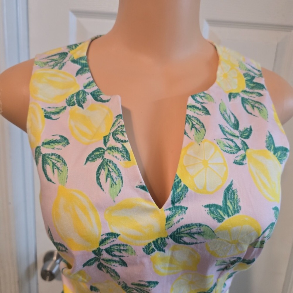 Cynthia Rowley Pink and Yellow Lemon-Print V-Neck Dress